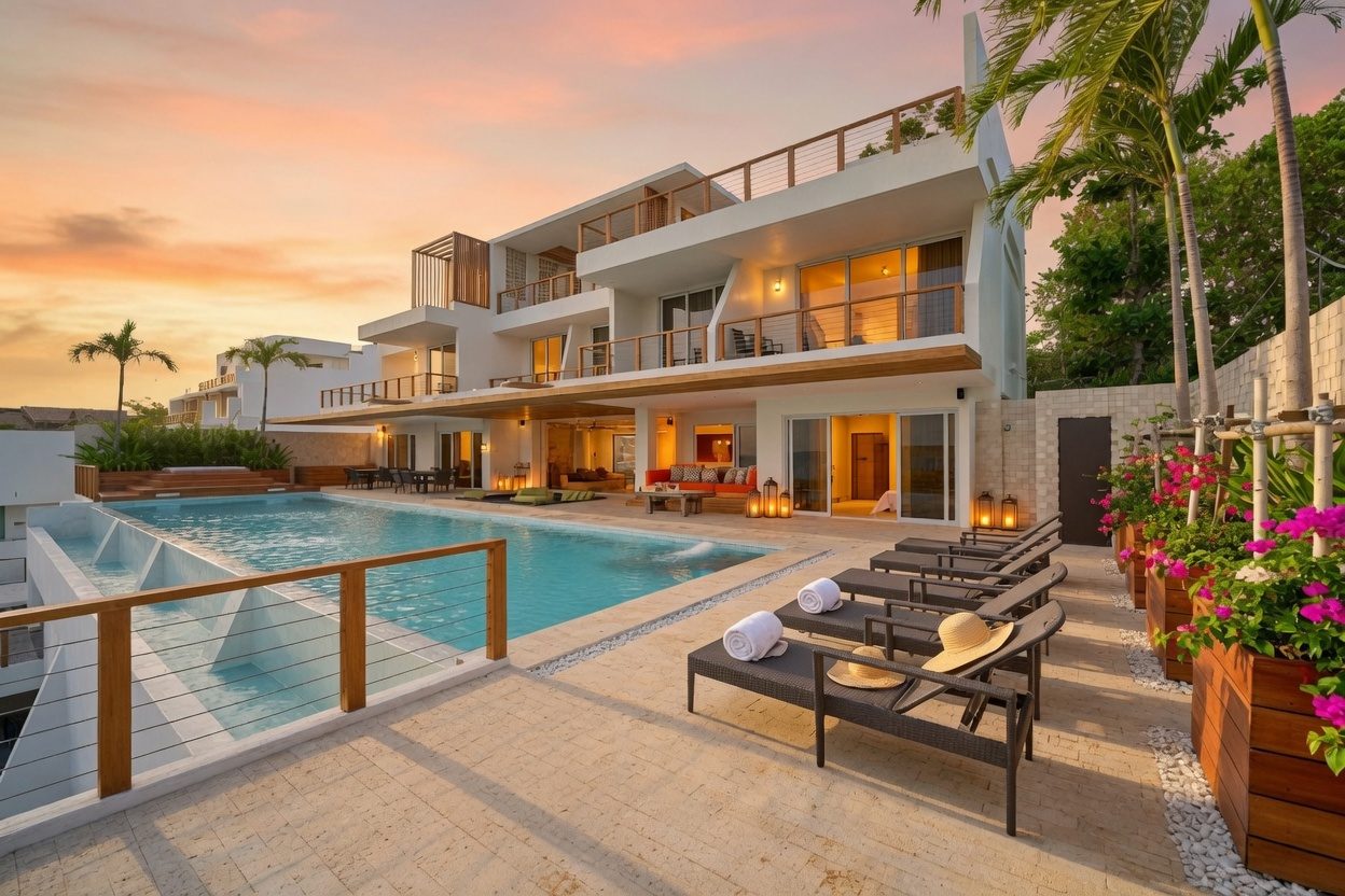 White villa at dusk with palms, Caipirinha Villa, Diniwid, Boracay