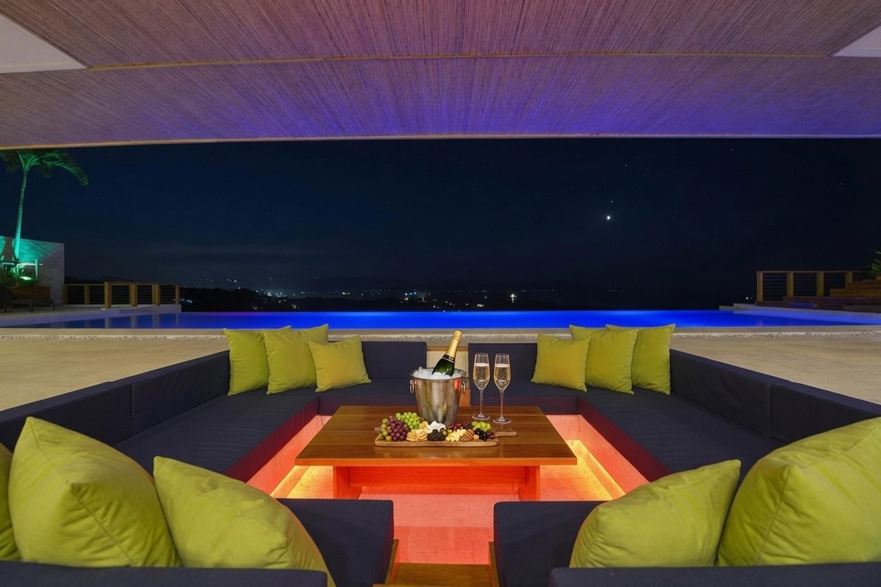 Infinity pool and white lounge at Caipirinha Villa, Diniwid, Boracay