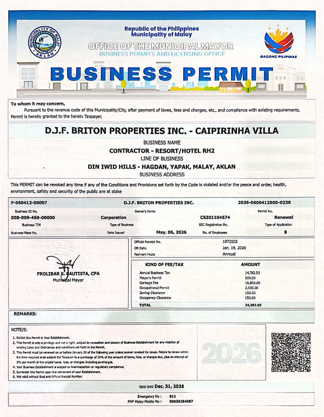 Business permit for Caipirinha Villa, Municipality of Malay